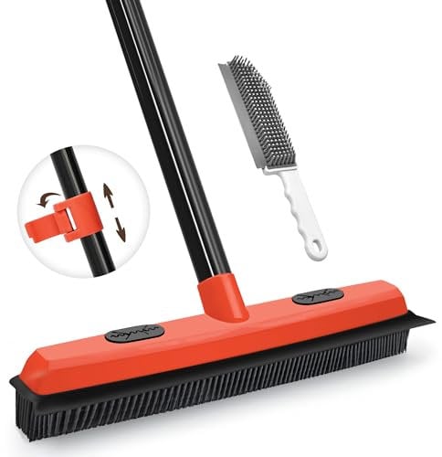 JEHONN Scopa in Silicone per Pavimenti, Spazzolone Gomma con Tergicristallo, Manico Lungo 134 cm per Pulizia di Tappeti Finestre Piastrelle Pavimenti in Legno Duro (Rosso)