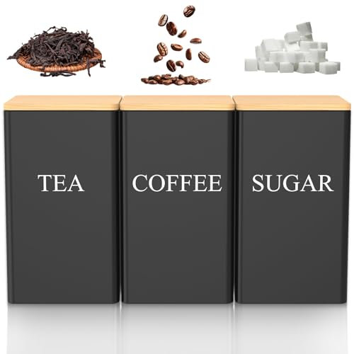 Dandelionsky Tea Coffee Sugar Canisters 1000 ML Metal Coffee Tea Sugar Container with Airtight Bamboo Lid and Name Marker Square Kitchen Food Storage Canister Jar (black)