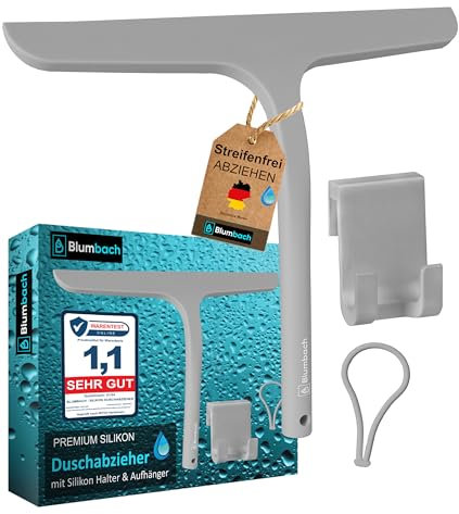 BLUMBACH® Duschkabinenabzieher grau, Duschabzieher mit Halterung 28 cm breit, Silikon Abzieher mit Edelstahl Kern, Duschwand Flitsche Dusche, Glasabzieher, Dusch Abzieher Wischer, Shower Squeegee