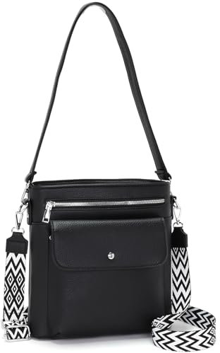 YISUOHOOM Handtasche Damen Mittelgroß Umhängetasche Damen Crossbody Bag Veganes Leder Schultertasche mit Vielen Fächern Schwarz