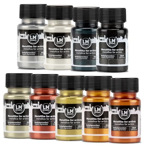 LM-Kreativ Metallika for Artists 9x50ml - Set Opulence - Metallic Acrylfarbe/Bastelfarbe. Für kreative Projekte auf Holz, Leinwand, Keramik. Hochdeckend, lichtecht. Für Künstler und Bastler
