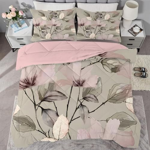 Qiwagu Couette Imprimée Fleurs Roses, Couette 140x200 pour 1 Personne, Couette 4 Saisons 200GSM Legere et Chaude, Couette Gris Réversible Lavable avec 1 Taie d'oreiller
