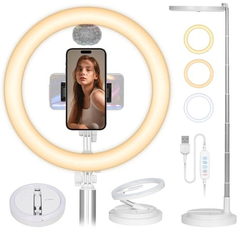 TARION Selfie Ring Light with Stand - Upgraded 12-inch Foldable Ringlight with Phone Holder & Cold Shoe Mount, 56-169cm Tall Desk Ring Light for Video LED Beauty Light Adjustable Brightness White Y3