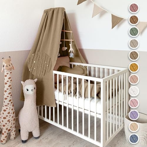 lilimaus Betthimmel Babybett mit Goldapplikationen [in 12 Farben] Himmel Babybett aus 100% Baumwolle Musselin - Betthimmel Mädchen & Jungen - Himmelbett Kinderzimmer & Babyzimmer Deko - Baby Bett