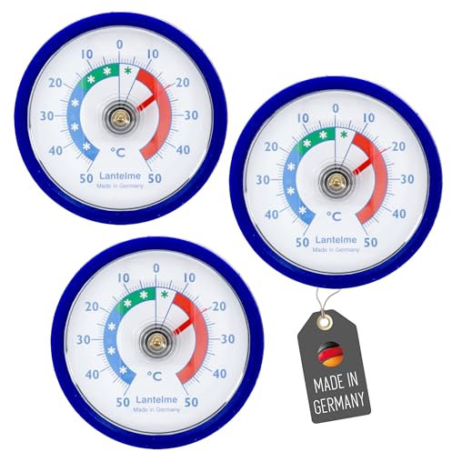 Lantelme 3 Stück Kühlschrankthermometer Set Selbstklebend Temperatur + - 50°C | Thermometer in Blau auch für Gefrierschrank Eisfach Kühltheke Kühlzelle Kühlfach Kühlschrank | Bimetall Analog (Blau)
