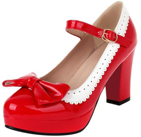 HSyc JRX Damen Damen Plateau High Heels Pumps mit Schleife und Blockabsatz Mary Jane Schuhe 38