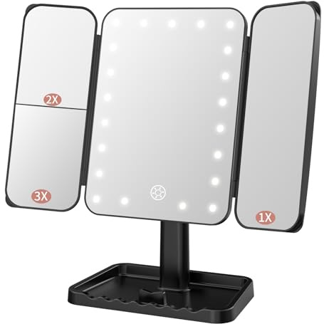 FASCINATE Wiederaufladbarer dreifach Faltbarer Schminkspiegel mit Lichtern | verstellbarer Dimm-Touch-Sensor, 180° Drehung, tragbarer Kosmetikspiegel (schwarz)