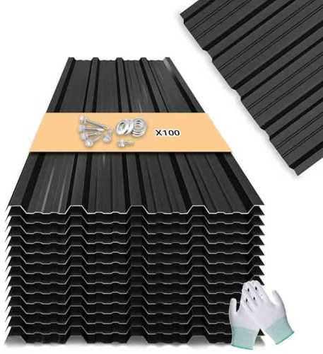 Metal Roofing Panels - 20 Pcs Waterproof Heavy Duty Metal Roof Panels Galvanized Steel Corrugated Tin Roof Panel for Carports Tool Sheds Patio Porch Pergola, Easy to Install Black, 42.52x17.7in