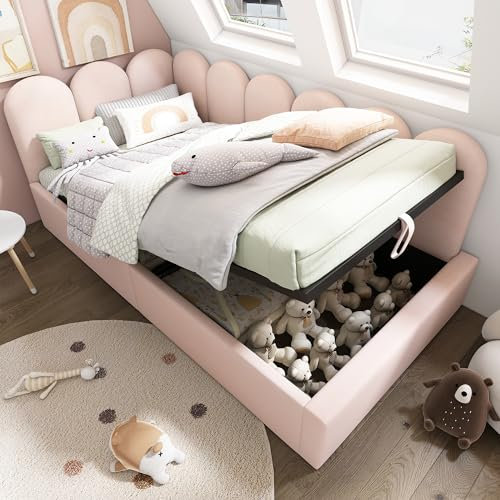 HOXINBLY Bett 90x190 mit hydraulischem Stauraum, Schlafsofa mit Seitenteile sind austauschbar, Polsterbett mit Metall Lattenrost, Kinderbett 90x190 Aus Samt Rose(Ohne Matratze)