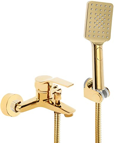 Duschset, Duschbrause mit Brauseschlauch, Unterstützt das Umschalten Zwischen Kalt und Warmwasser, 3 Wasserspritzmuster, Armatur Badewannen aus Messing für Badewanne, Gold