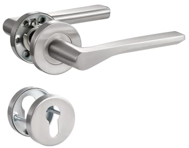 SORWDUERM Door Handle Silver Door Handle Set, Brushed Stainless Steel, Door Handle Set for Front Door and Interior Door, L Shape, Round Rosette, PZ - Profile Cylinder