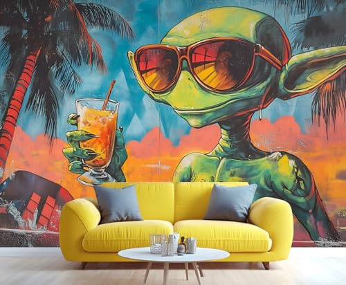 YXQAIED Graffiti-Tapete, Vintage-Graffiti-Schlafzimmer-Tapete, tropische Küste, Wohnzimmer, Alien im Urlaub, Wandtapete und Raumdekoration (nicht abziehen und aufkleben)