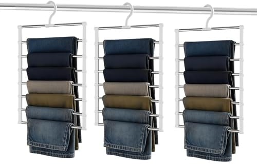 Hosenbügel platzsparend & Kleiderbügel platzsparend, 3 Stück 7-in-1 Hosenträger aus Edelstahl & Kunststoff, stabile Faltbare Kleiderbügel Hosen für Jeans, Schals und Schrank-Organisation, Weiß