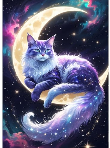 QQYRHN 5D Fantasie Katze Diamond Painting Kit für Erwachsene Anfänger Sternenhimmel Mond Diamant Kunst Kits Vollständiges DIY Kätzchen Diamantstickerei-Set Perfekt zur Entspannung und Dekor 30x40 cm
