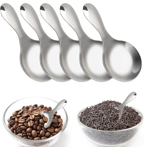 5 Stück Edelstahl Löffel mit Kurzem Griff,Kleine Runde Schaufeln für Kanister,Silberfarbene Vielseitige Mini Schaufeln für Dessert,Kaffee,Gewürzgläser,Salz,Zucker,Tee,Marmeladengläser