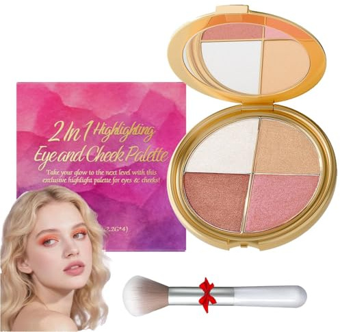 Glowjiu Glow Gallery Highlighting Eye & Cheek Palette,Metallic Shimmer Eye & Cheek Palette,Eyeshadow And Highlighter Makeup,Makeup Palettes Contour Kit, 4-In-1 Highlight Shades Makeup for Blush (1Set)