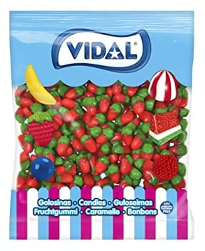 Vidal Golosinas. Mini Fresas Silvestres. Golosina con forma de fresa sabor fresa y color rojo y verde. Bolsa de 1 kg.