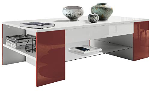 Vladon Table de Salon Clip, Table d’appoint avec 2 Compartiments latéraux et 1 Plaque de Verre, Blanc Mat/Bordeaux Haute Brillance (118 x 37 x 60 cm)