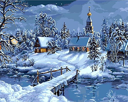 ABEUTY Malen nach Zahlen Schneehaus Winterlandschaft Nacht, DIY Ölgemälde auf Leinwand Gemälde 40x50cm Wandkunst (Schneehaus, Mit Rahmen)