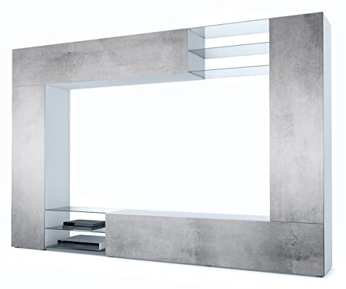Vladon Wohnwand Mirage, Made in Germany, Anbauwand mit Rückwand mit 2 Türen, 2 Klappen und 6 offenen Glasablagen, Schwarz matt/Beton Oxid-Optik (262 x 183 x 39 cm)