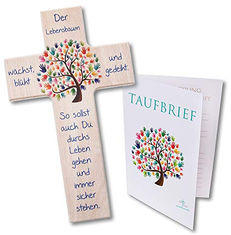 Fritz Cox Kinder-Set: Kinder-kreuz Lebensbaum mit Taufbrief | das ideale Geschenk zur Taufe 15cm