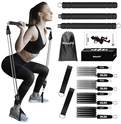 WeluvFit Pilates-Bar-Set mit Widerstandsbändern, tragbares Übungsgerät für Frauen und Männer, Heim-Fitnessstudio, Workout, 3-teiliges Stick, Kniebeugen, Yoga, Pilates-Set für Ganzkörperformung