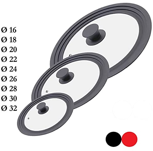 Juego de 3 tapas universales de cristal, 3 piezas, ollas y sartenes de 16/18/20 cm, 24/26/28 cm y 28/30/32 cm, con válvula de salida y borde de silicona. (gris)