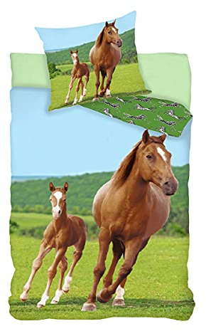Parure de Lit Cheval et Poulain 100% Coton - Housse de Couette 140x200 cm + Taie d'oreiller 65x65 cm