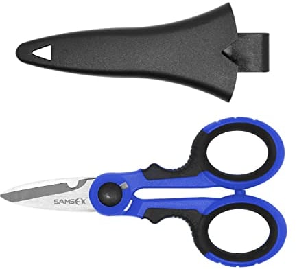 SAMSFX Fishing Heavy Duty Anti-Slip Serrated Edge Scissors Saltwater Freshwater Braid Scissors Braided Line Cutter with Plastic Belt Case Sheath Kit (Common Finger Hole, Black & Blue Handle)