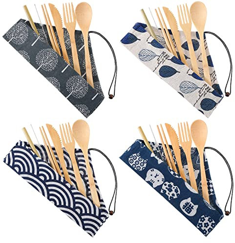 4 Sets Bambus-Reiseutensilien-Set, wiederverwendbar, Bambus-Besteck, Gabel, Messer, Löffel, Essstäbchen, Strohhalm-Reinigungsbürste, Essgeschirr für Reisen, Picknick, Büro, Schule (Vintage-Stil)