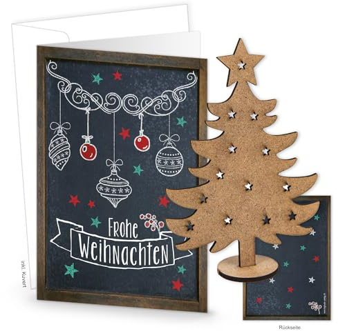 Logbuch-Verlag 3 leere Weihnachtskarten zum Bedrucken & Beschriften DIN A6 + Kuverts + Holzbaum zum Stecken - Weihnachtspost zum Verschicken