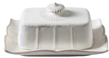 Cabilock Ceramic Butter Dish with Lid, Porcelain French Butter Keeper, White Pottery Cookie Box Small Dishes for Storing Cheese Snacks Margarine for Parties Afternoon Tea Enamel Rustic（White）