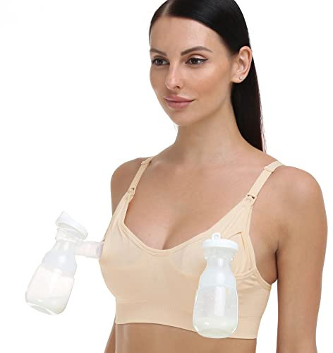 GXXGE Nursing Bra Support Pumping Bra Hands Free All in One Maternity Bra Comfortable Breast No Pad Pumps Bra, Beige, L