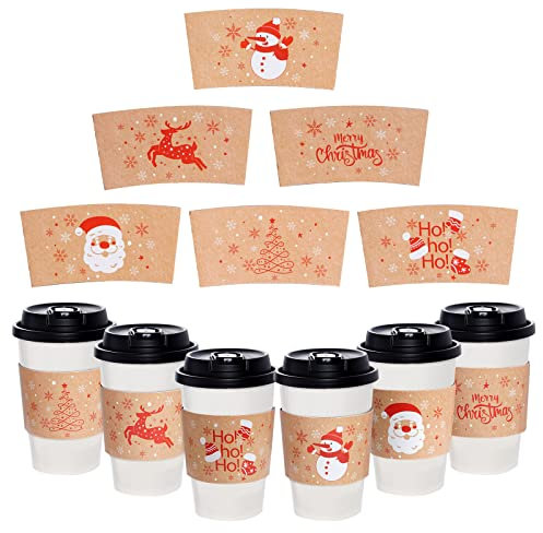 Hmxpls 24 Packs Christmas Santa Coffee Cups Sleeves, Disposable Hot Chocolate Cocoa Cup Sleeves for 12oz 16oz Hot Drinks & Cold Beverage, Holiday Snowman Xmas Cups Thicken Paper Sleeves, 6 Designs