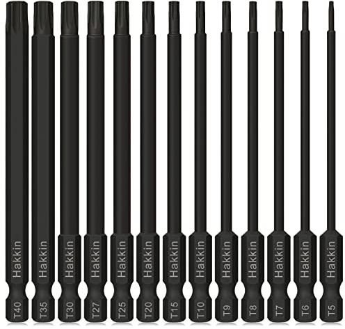 Torx Bit Set Hakkin 13Pcs Phosphate Treatment 100mm Long Torx Screwdriver Bit Set Tamper Proof Star Bits S2 Steel Security Torx Bits 1/4” Hex Shank Magnetic T5-T40 Long Torx Bits