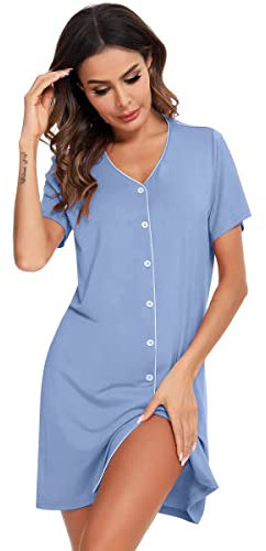 OCCIENTEC Chemise de Nuit Femme Boutonnée Devant Été Manches Courte Robe de Nuit Col en V Casual Vêtements de Nuit Bleu Clair, XL
