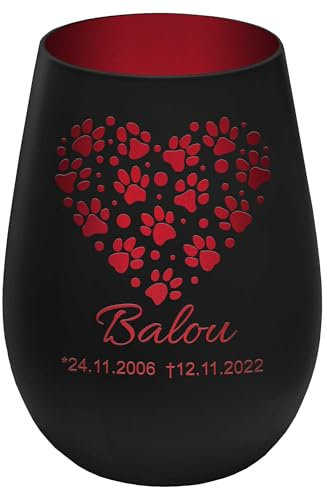Trauerlicht Haustier mit Herzmotiv - Außen Schwarz/Innen Rot - personalisierbar mit Name und Datum - Höhe 12 cm - Gedenklicht Windlicht Teelichthalter Hund Katze