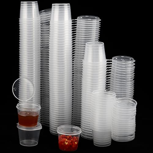 ZEONHEI 200 PCS 1oz Clear Round Hinged Pots with Lids, Mini Plastic Pots for Sauces, Takeaway, Crafts, Restaurants