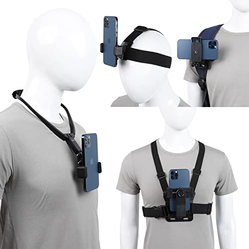 Cell Phone POV Mount Kit, Chest Harness Mount +Head Strap +Phone Selfie Neck Holder +Backpack Strap,Compatible with iPhone Samsung Smartphone GoPro Action Camera etc
