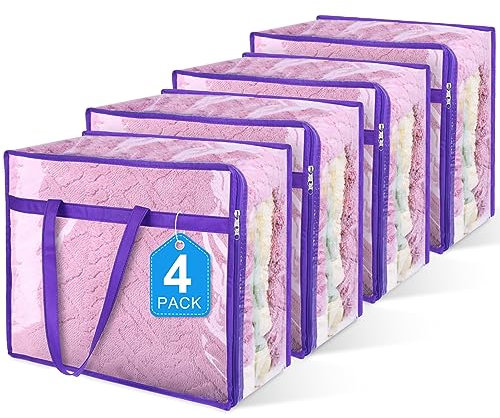 Budding Joy 4 Pack Clear Storage Bags, 40L Plastic Storage Bag with Lid, Clothes Storage Bag Moving Bags PVC Organizer with Zipper for Bedding, Linen, Blankets, Comforters, Clothes, Purple