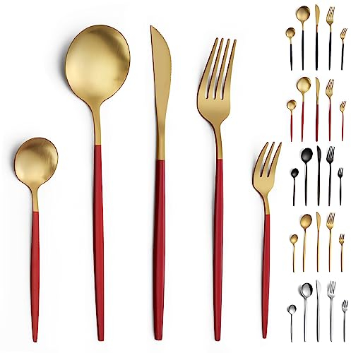 Pleafind couverts de table, 30 pièces de couverts pour 6 personnes, couverts inox, couverts or et rouge, set couverts de table avec couteau, fourchette, cuillère, va au lave-vaisselle