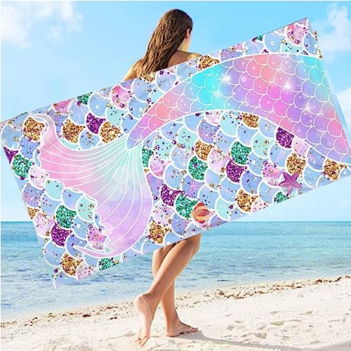 Lucien Strandhandtuch, Strandtuch XXL, Mikrofaser Strandtuch, Schnell Trocknendes Sandfest Handtuch für Sport Travel Yoga Camping Beach Gym (Glitzernde Meerjungfrau)