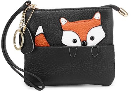 Porte-monnaie pour filles en cuir véritable Mini mignon renard pochette porte-monnaie porte-clés dragonne portefeuille, Noir