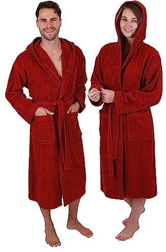 Betz Baumwolle Bademantel mit Kapuze für Herren und Damen - Saunabademantel - langer Bademantel - Saunamantel - Farbe dunkelrot - Größe L/XL - FULDA