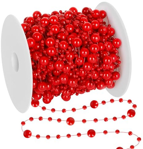 100FT Faux Pearl Tree Bead Strand, Red Plastic Pearl Chain for Christmas Decorations