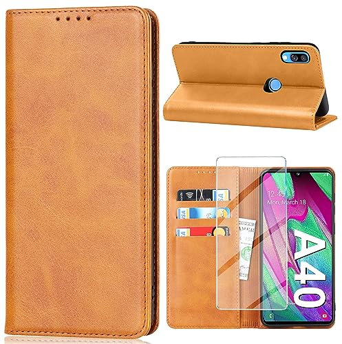 Mobile Phone Case for Samsung Galaxy A40 Case with Screen Protector, Protective Case Galaxy A40 PU Leather Wallet Card Slot Stand Flip Case Leather Cases Case for Samsung A40 Tache Cover (Yellow)