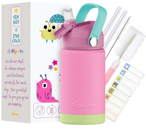 Pipeeto Botella Infantil Termica 350 ml, Rosa | Botella de Agua para Niñas a Prueba de Fugas con Pajita y Asa | Botella Ecológica de Acero Inoxidable de Doble Pared, Cepillos de Limpieza y Pegatinas…