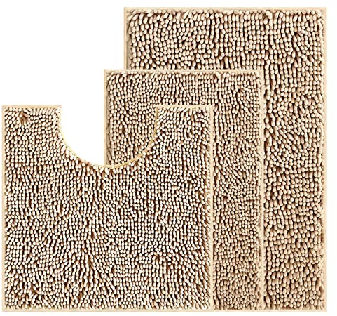 UHOUSEST Badematte rutschfest, Weicher Badezimmerteppich-Wasserabsorbierend Badematte, Maschinenwaschbar Badvorleger, für Badewanne und Toilette-Kamelfarben 3 Stück