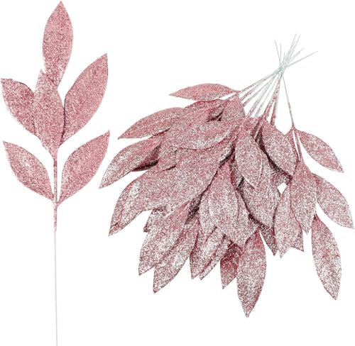 VEYLIN Christmas Glitter Bay Leaf, 12Pcs Artificial Pink Christmas Tree Picks Sprays for Christmas Tree Wreath Floral Wedding Bouquet Table Centerpiece Decoration(Pink)