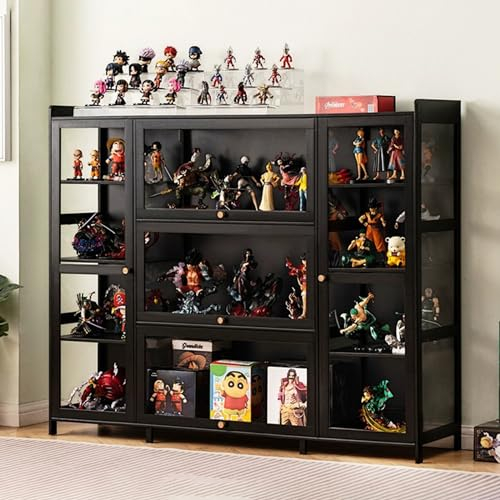 KUYATE Natural Bamboo Frame Curio Cabinet With Acrylic Glass Door, Modern Minimalist Flip Door Display Case, L135*W33*H111cm Black